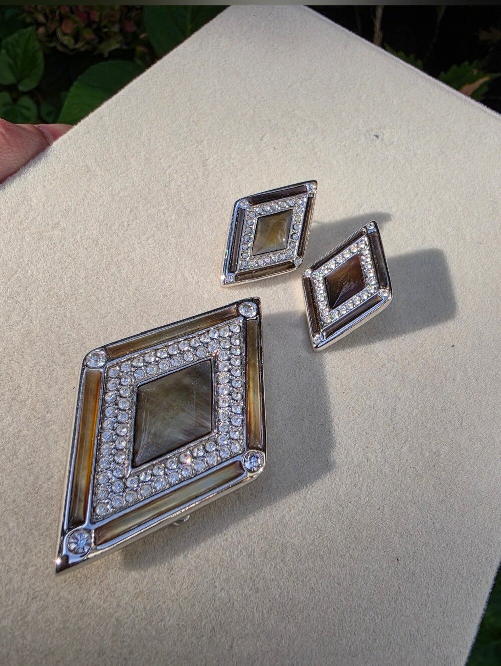 Butler: Crystal-Accented Mother-of-Pearl Diamond Brooch and Earring Set